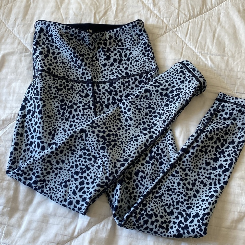 reversible navy blue and cheetah workout style leggings